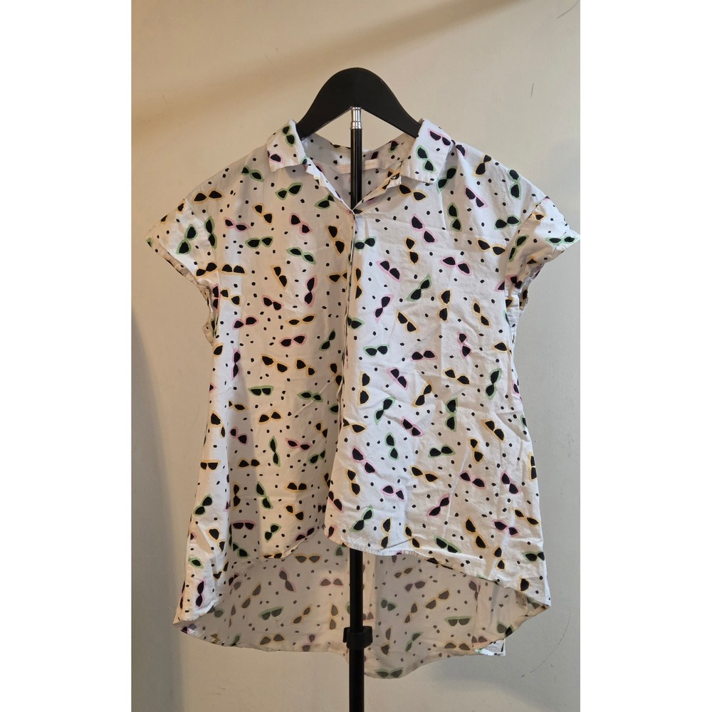 Zara Sunglasses Print High Low Button Up Shirt Women's Size Medium White